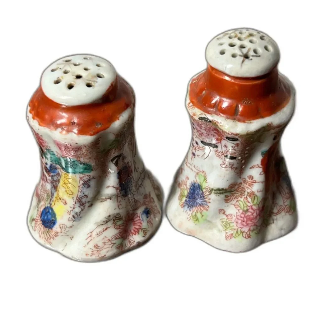 Vintage Japan Hand Painted Salt & Pepper Shakers Moriage Style Floral Geisha MCM